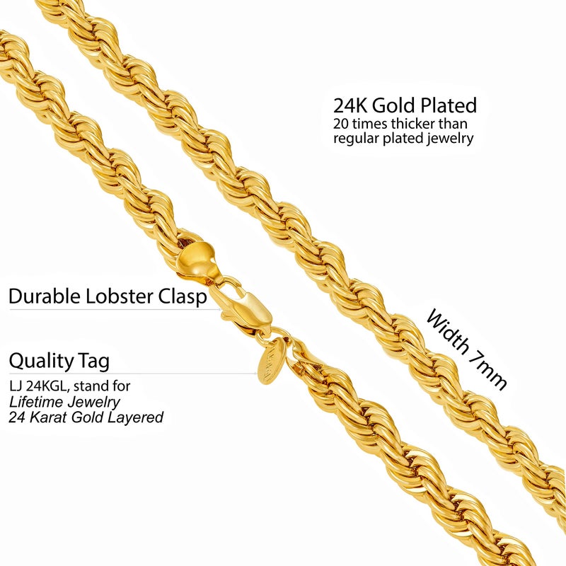 LIFETIME JEWELRY 7mm Rope Chain Necklace 24k Real Gold Plated for Men and Women (20 inches, 1 - Gold Plated, 1) - Image 4
